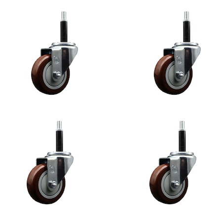 Service Caster 3.5'' SS Maroon Poly Wheel Swivel 3/4'' Expanding Stem Caster Set, 4PK SCC-SSEX20S3514-PPUB-MRN-34-4